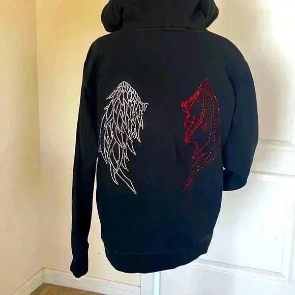 Seven Emotions Super Rare Devil and Angel Wing Rhinestone Hoodie Size XS Unisex - Picture 6 of 7